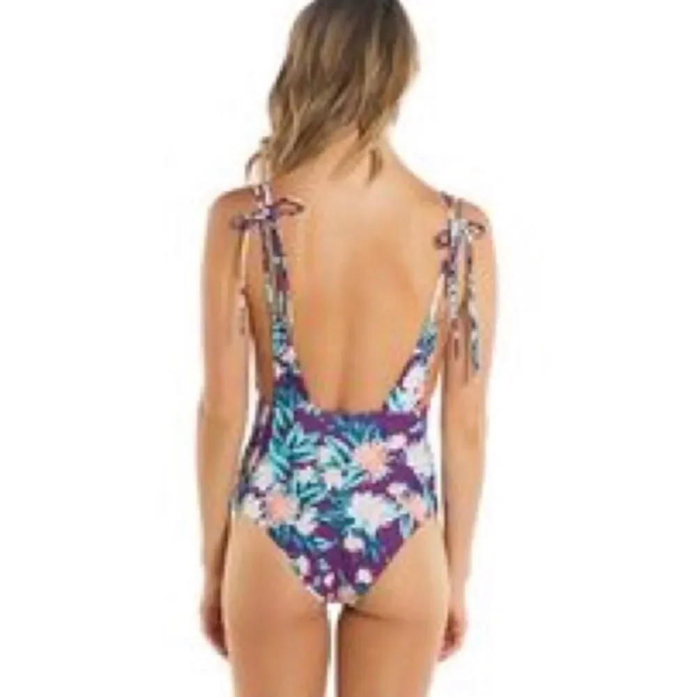 Tori Praver Swimwear Purple Tropical Floral Tie-Shoulder One-Piece
